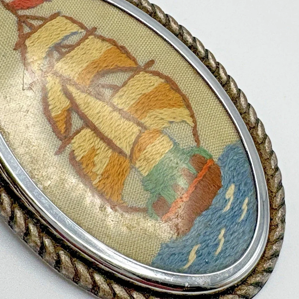 Vintage Nautical Brooch Cameo Hand Embroidered Under Lucite Ship Ocean